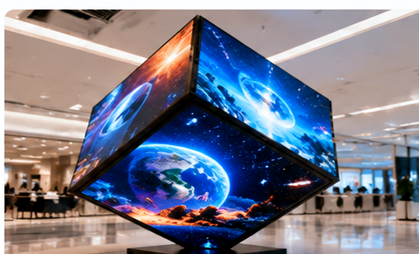 Multi-sided LED cube display in a modern exhibition venue