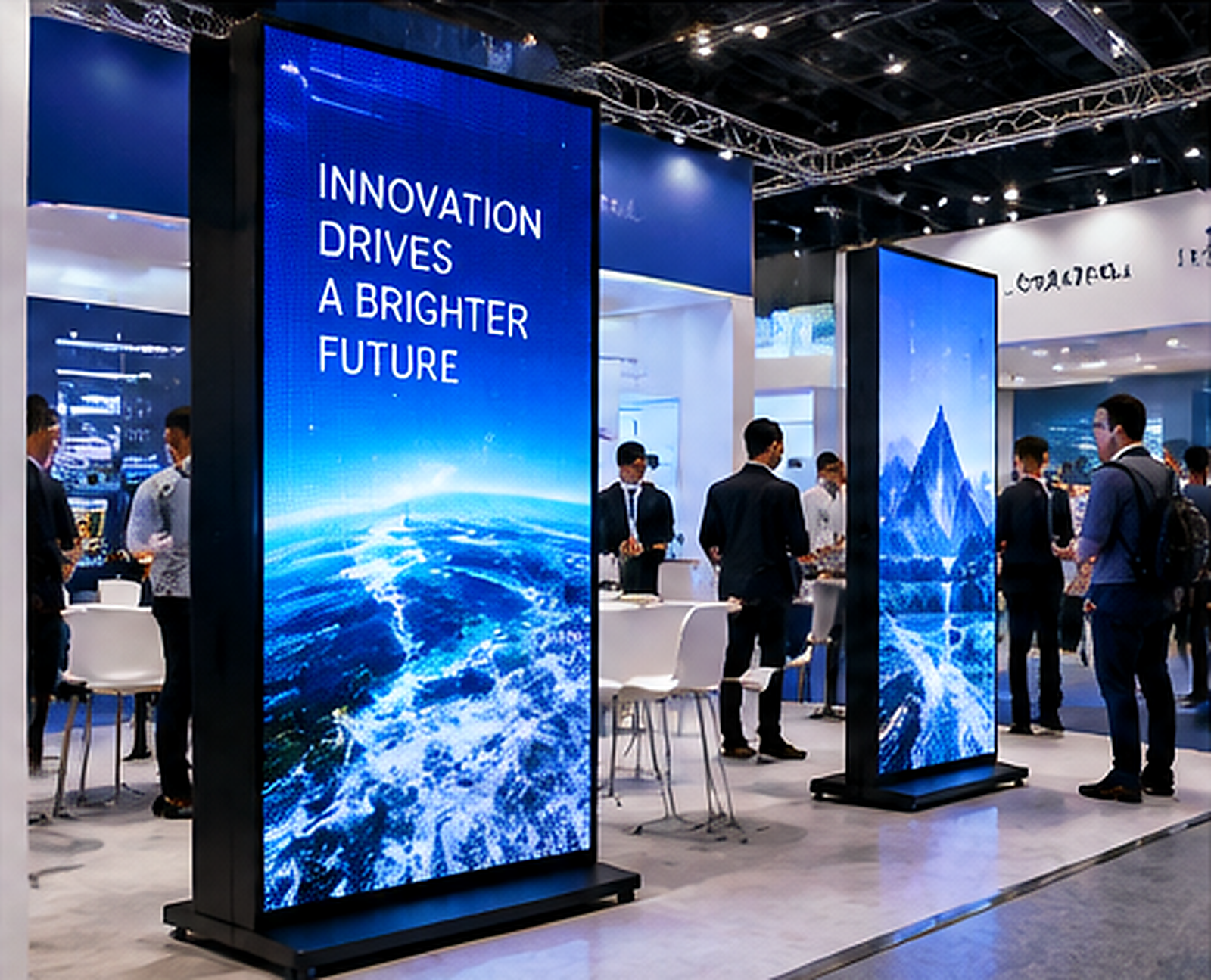 LED poster displays used at a professional trade show booth