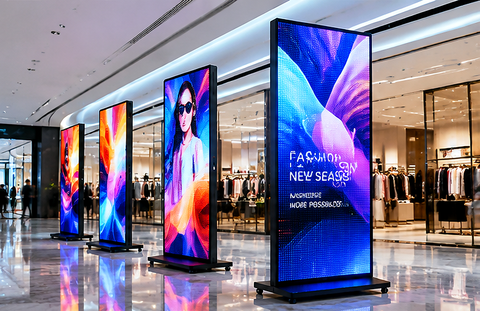 Freestanding digital poster screens at a fashion retail store