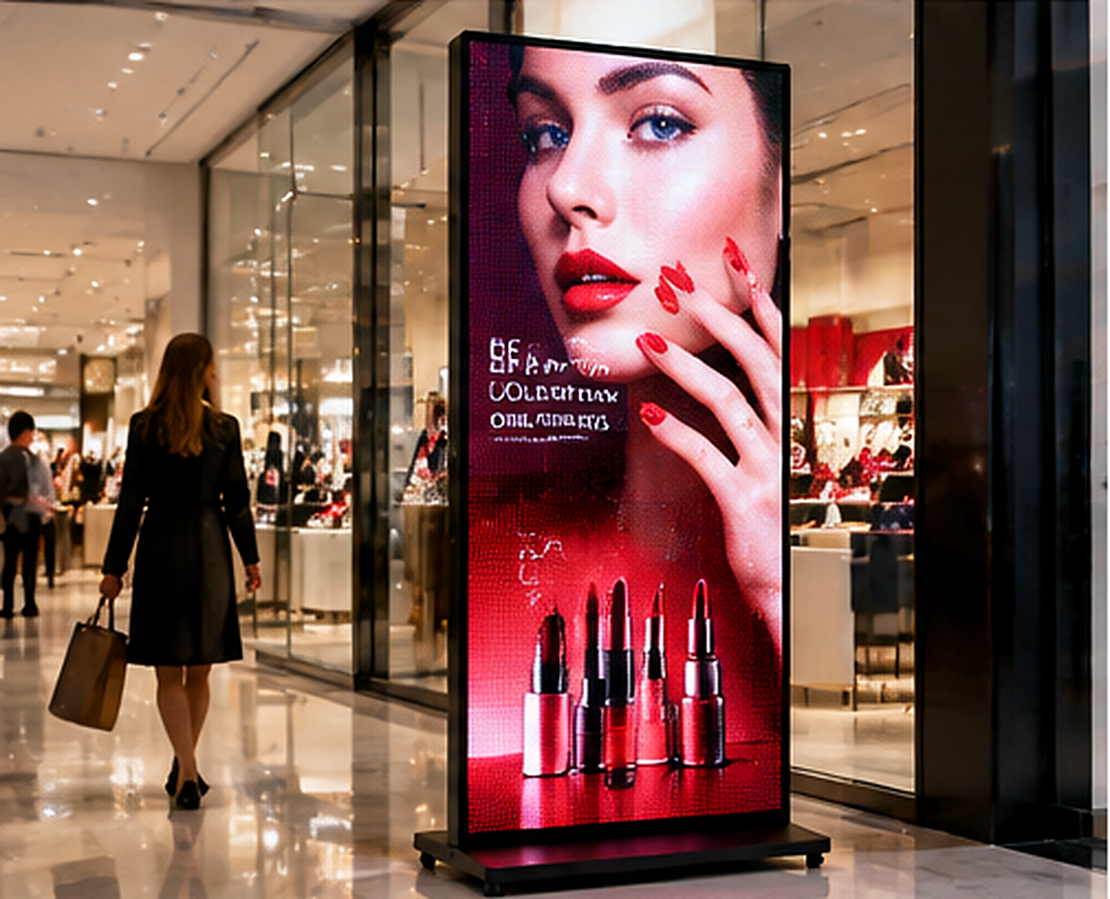 Digital poster display presenting beauty and fashion advertising in a shopping mall