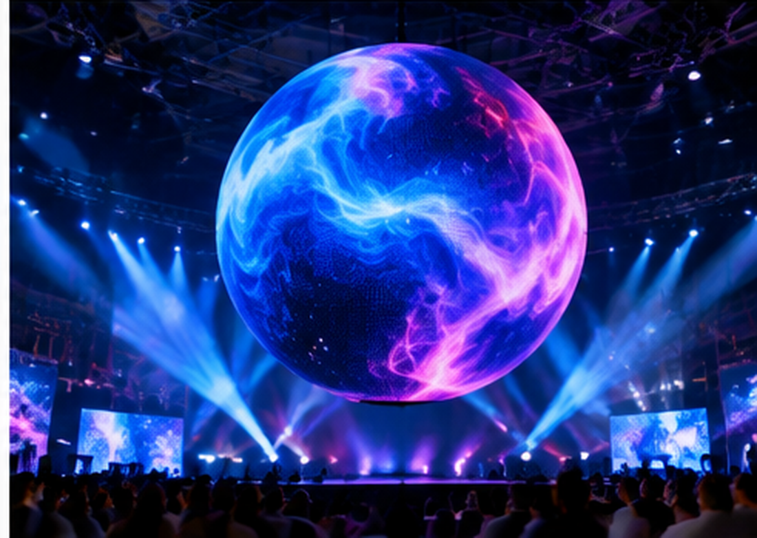 Colorful LED sphere above a live event stage
