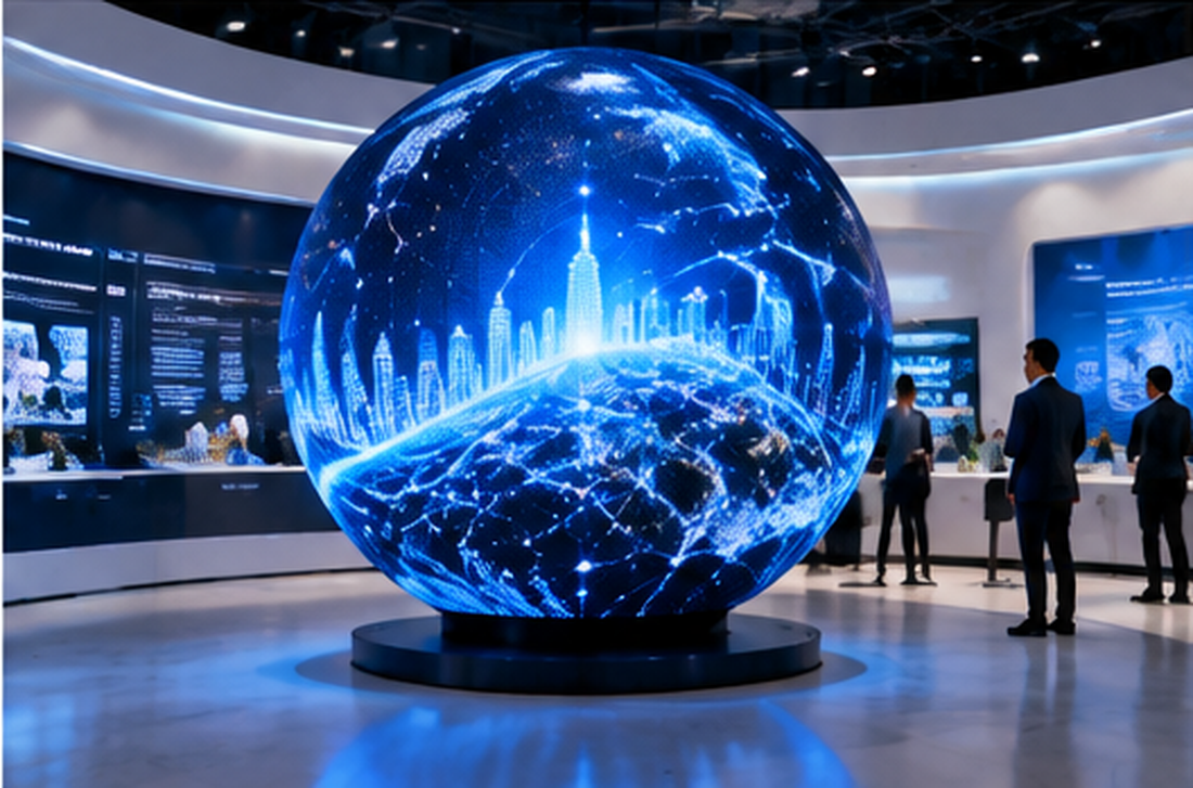 LED sphere display drawing attention at a commercial exhibition
