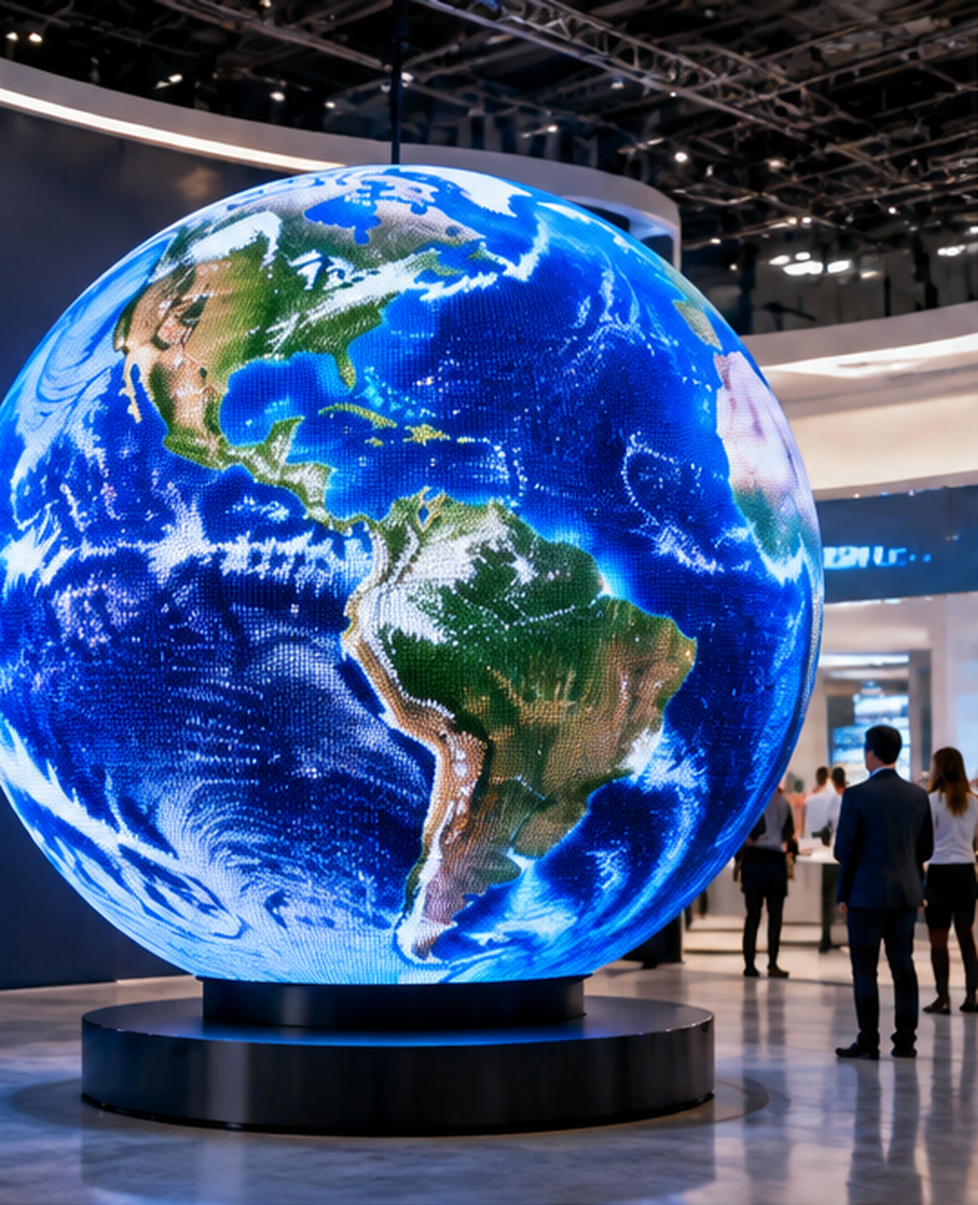 Large Earth-themed LED sphere display in a modern exhibition venue