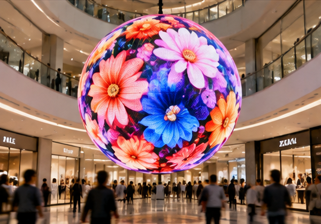 Colorful LED sphere display in a shopping mall atrium