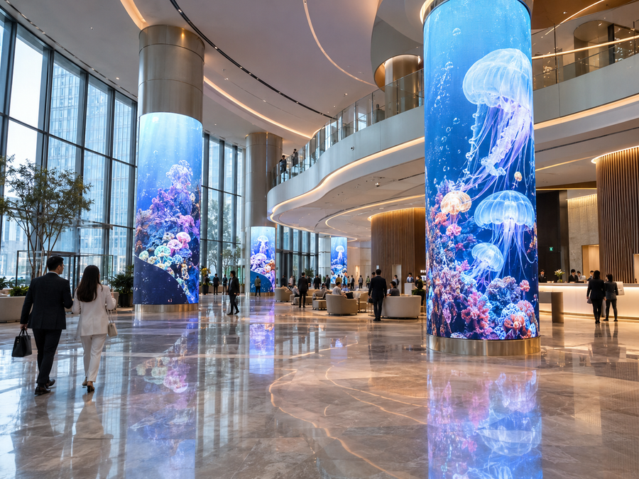 Flexible LED display wrapped around an architectural column