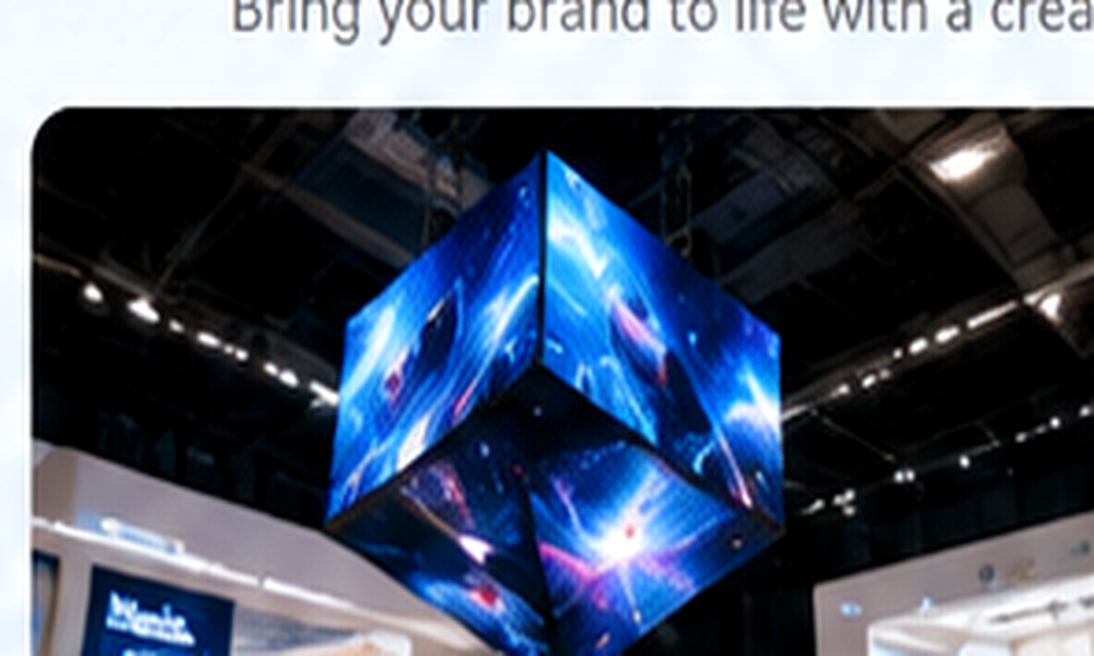 Multi-sided LED cube display at a professional exhibition
