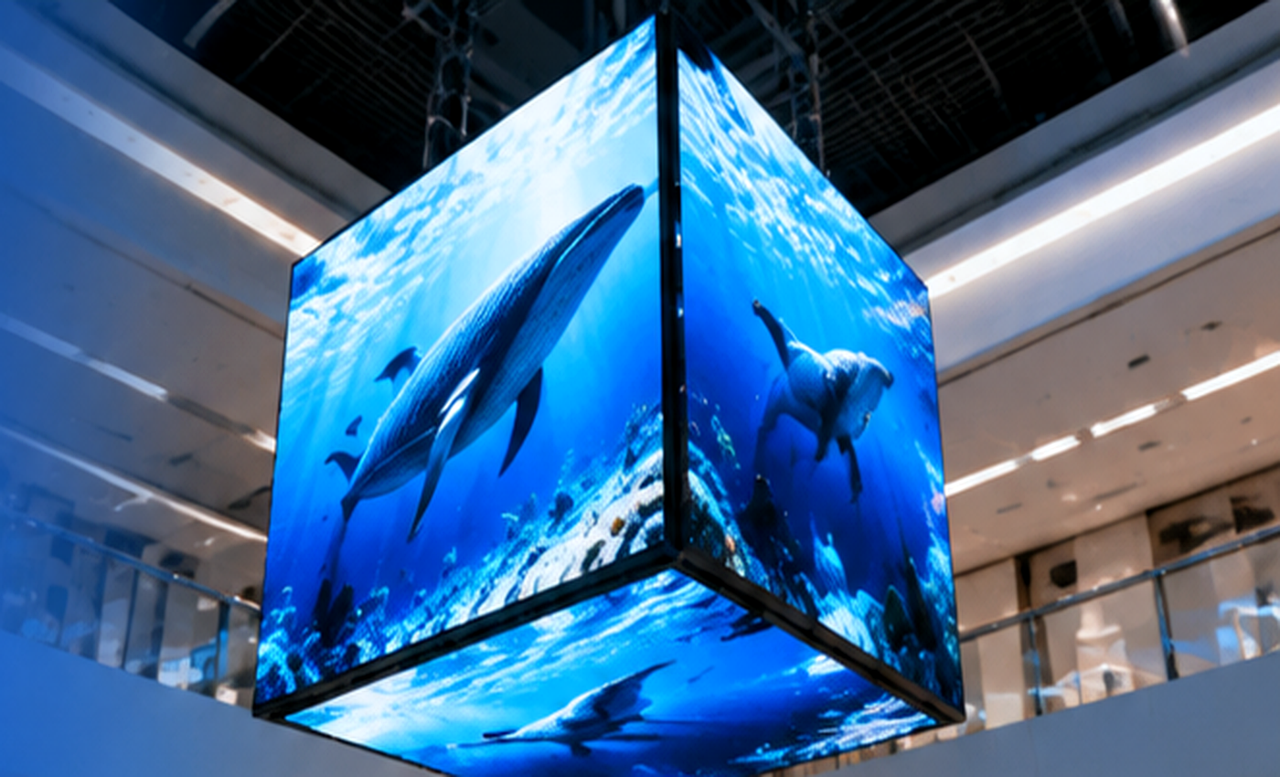 Large multi-sided Magic Cube LED Screen in a modern commercial atrium