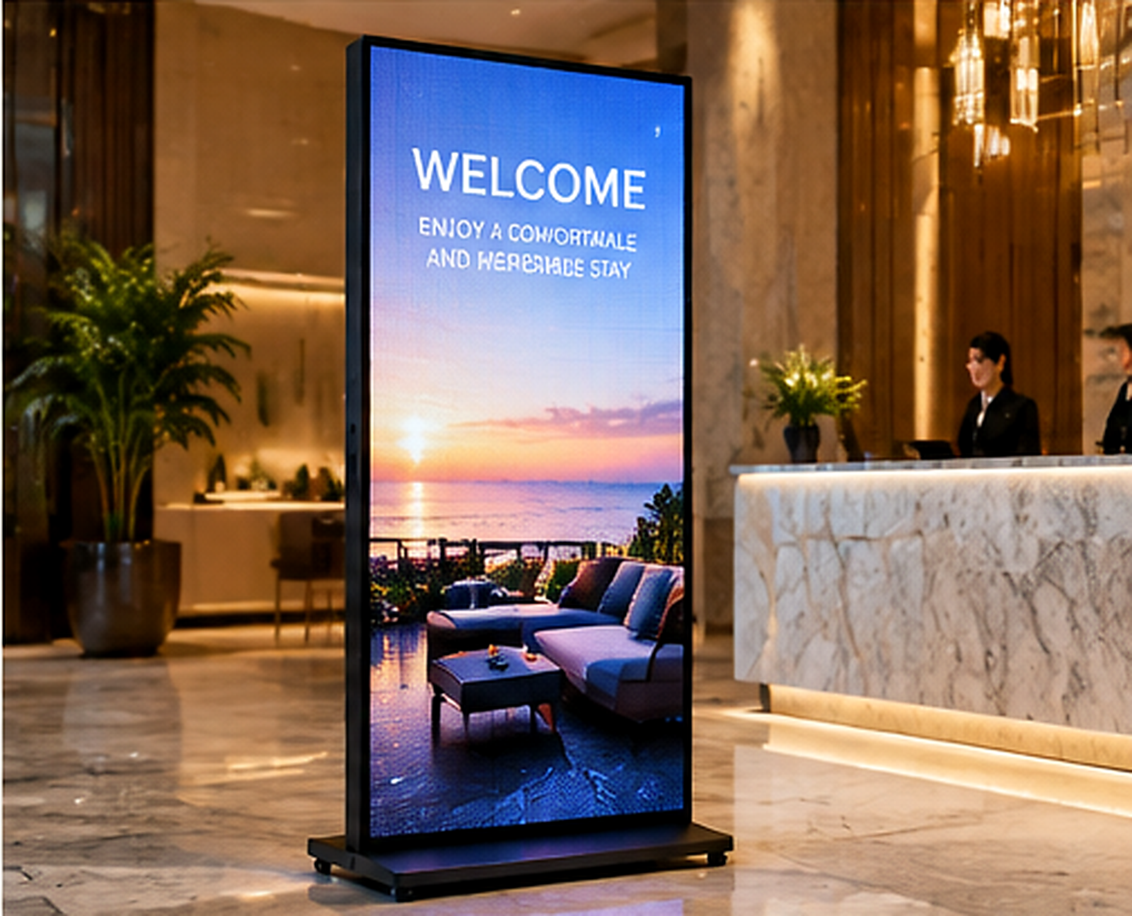 LED welcome poster display in a hotel reception lobby