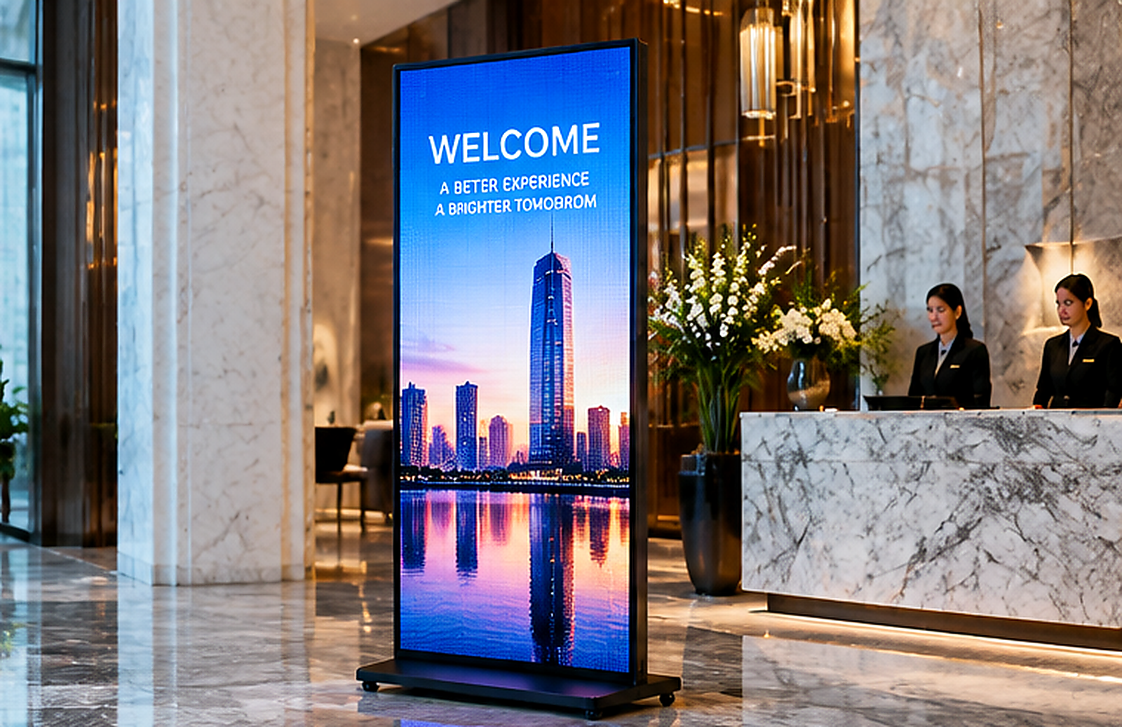 Freestanding digital LED poster display showing a welcome message in a luxury hotel lobby