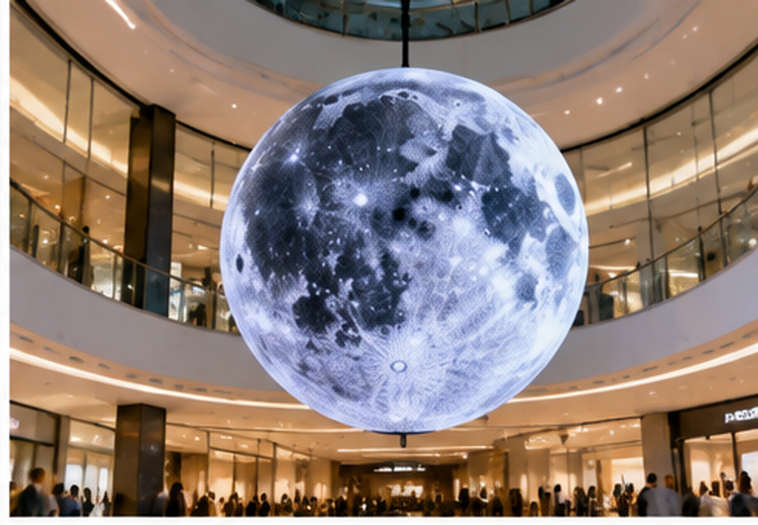 Moon-themed spherical LED display in a museum-style atrium