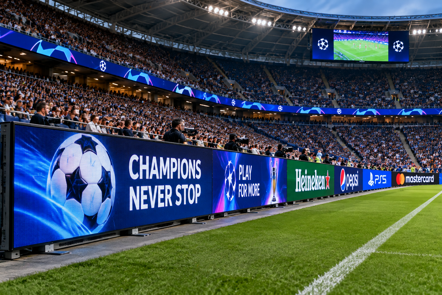 Stadium perimeter LED display boards along a football pitch