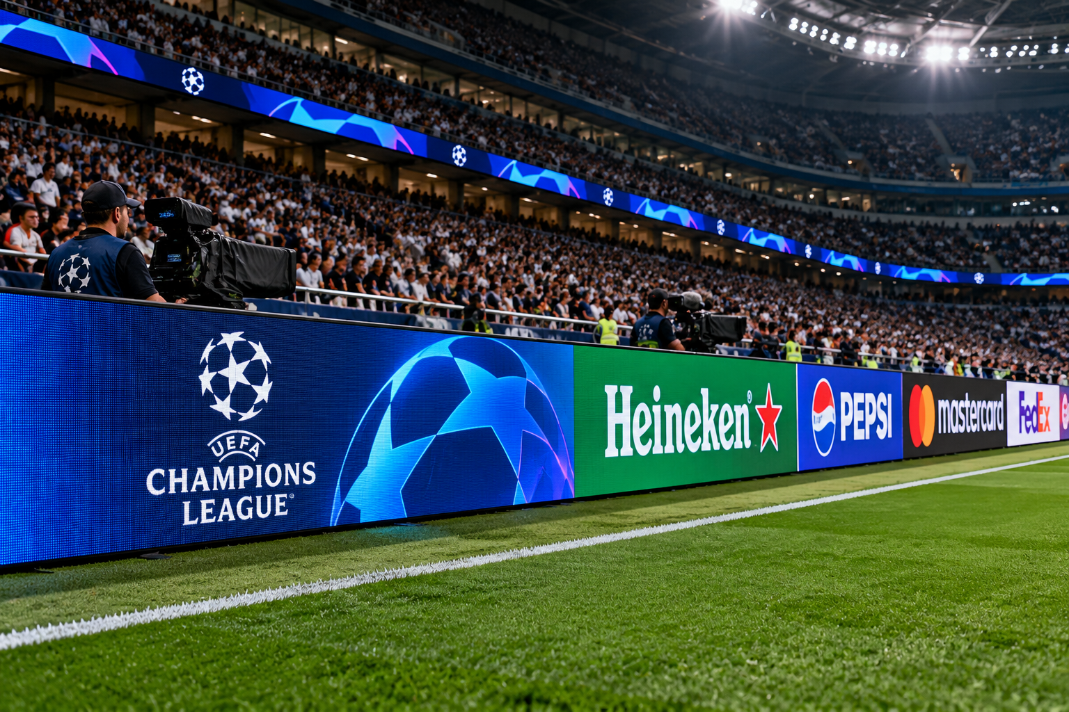 LED advertising boards in a packed football stadium