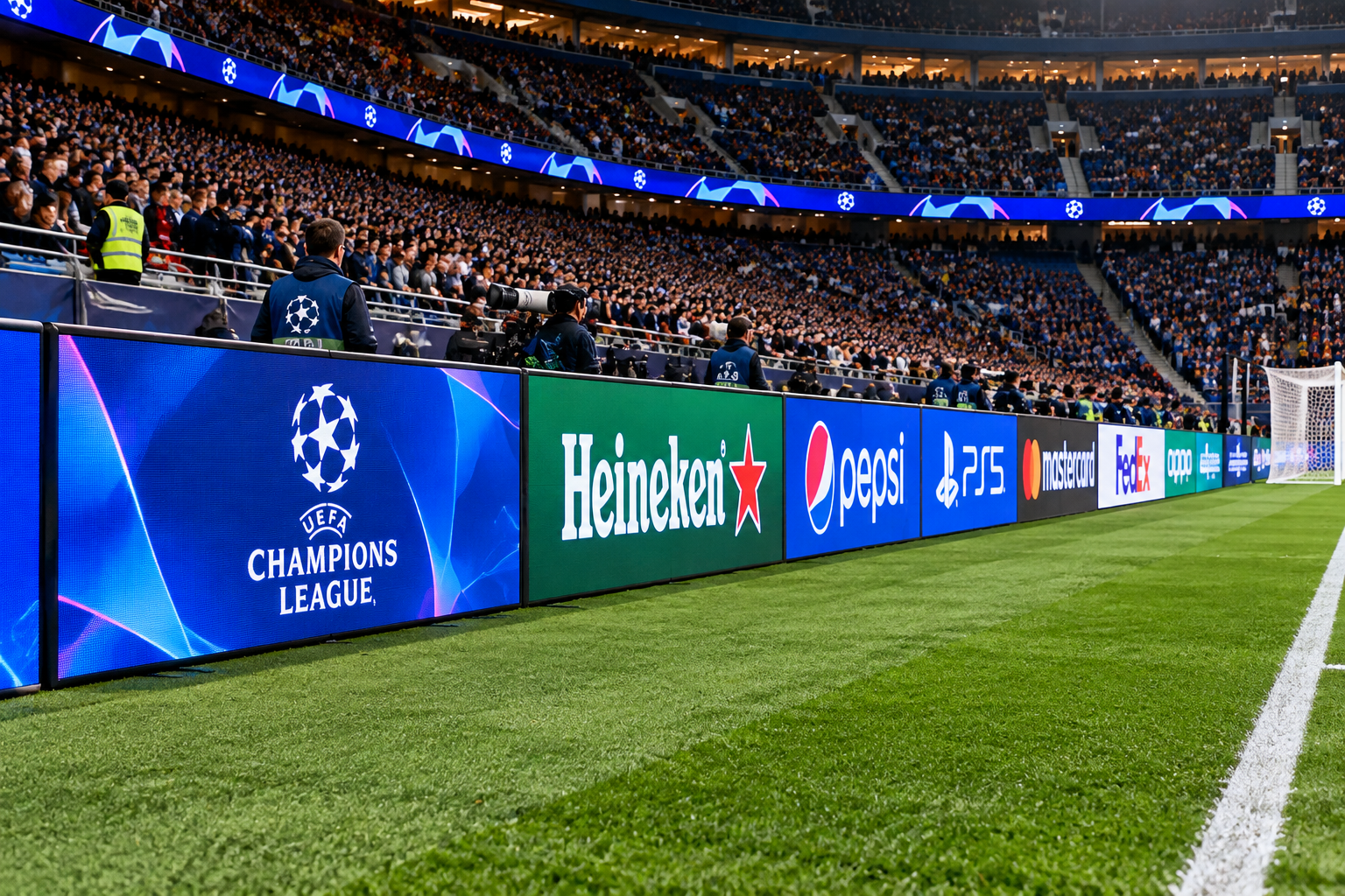 Packed football stadium with digital advertising boards